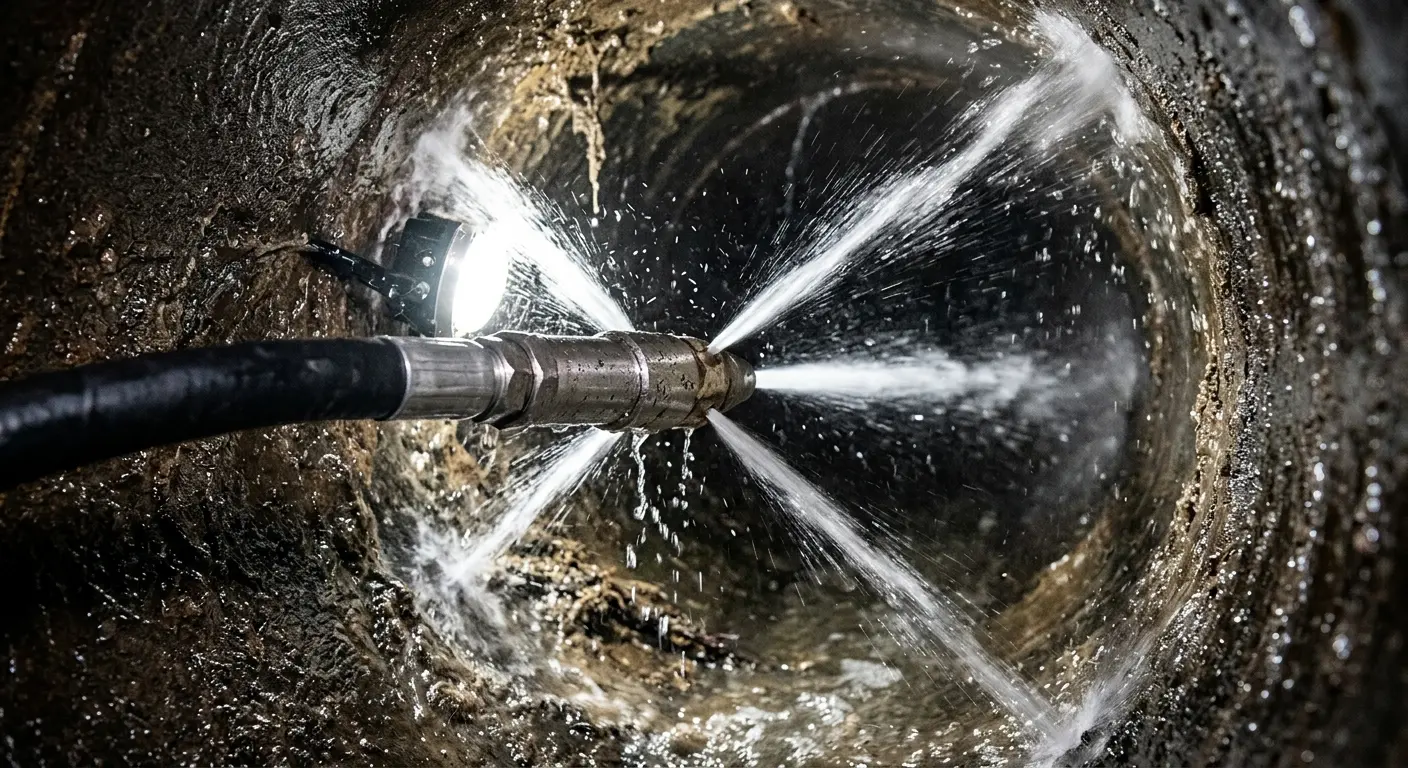 High-pressure hydro jetting nozzle cleaning sewer pipe for Trenchless Sewer Repair in Galesburg