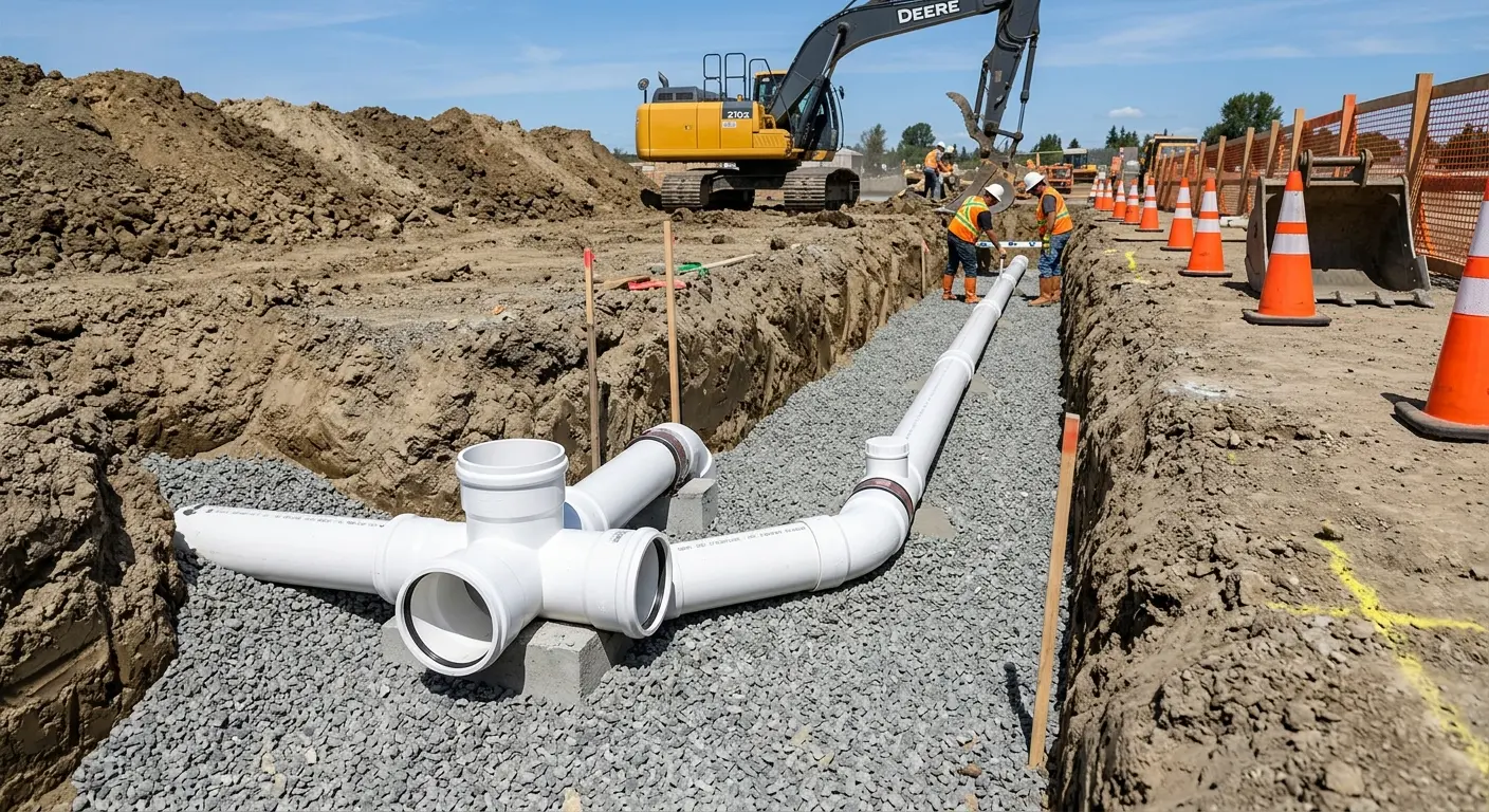 New PVC sewer pipe installation in open trench for Commercial Drain Cleaning in Galesburg