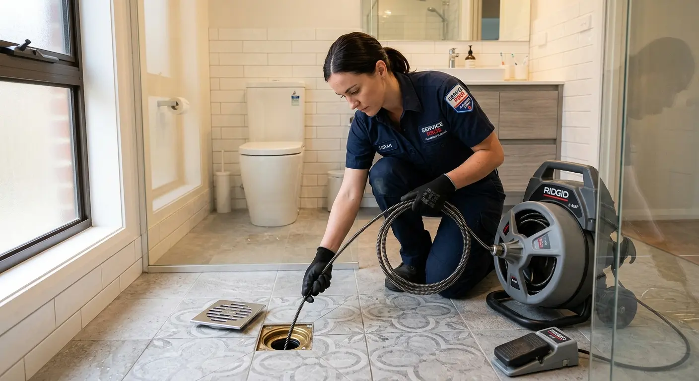 Technician clearing a bathroom floor drain for Drain Repair in Galesburg